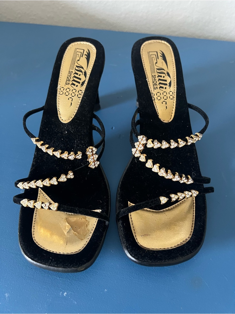 Vintage Black Velvet Strappy Heels with Gold Crystal Chains